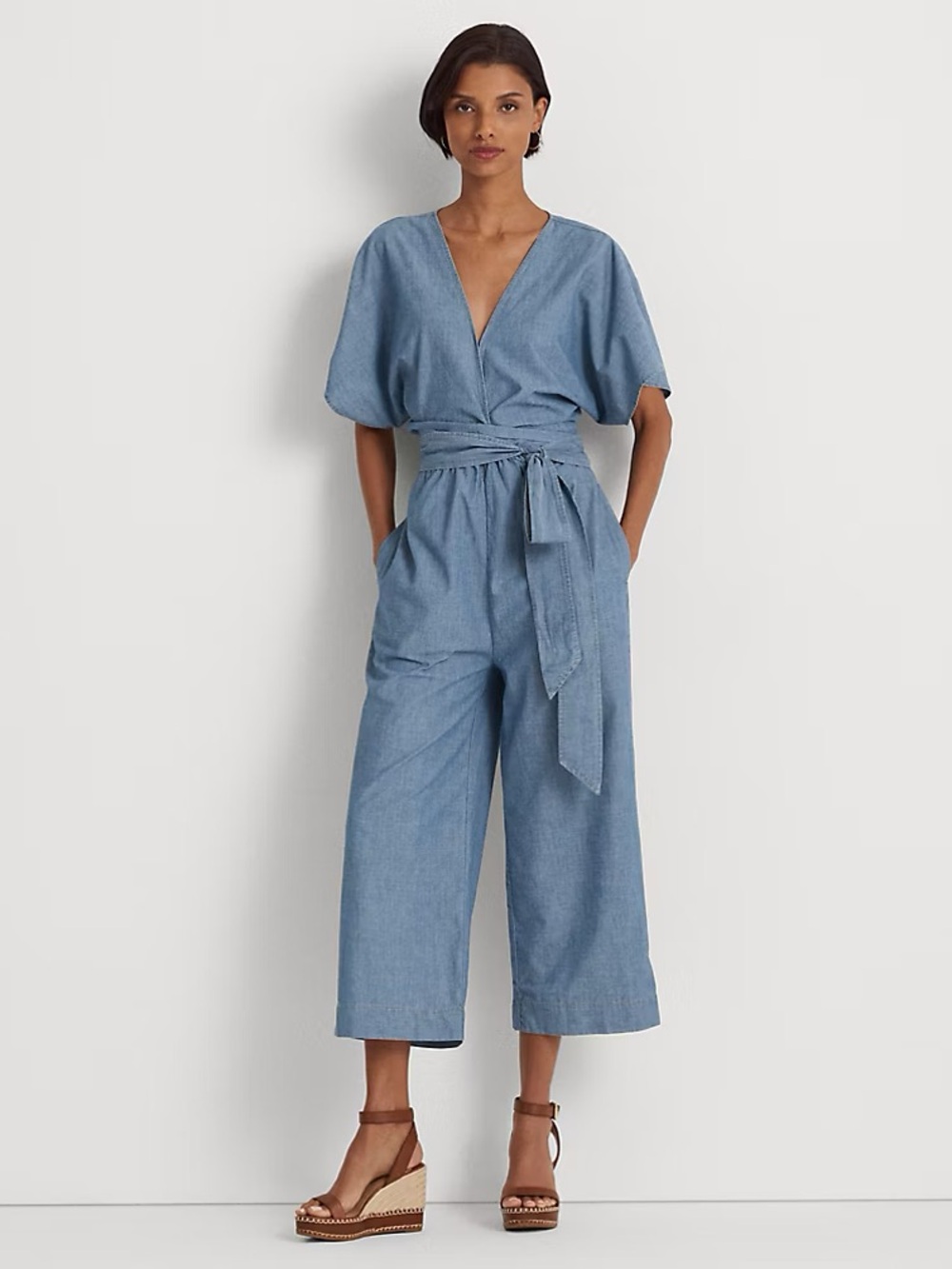 Belted Chambray Wrap Jumpsuit